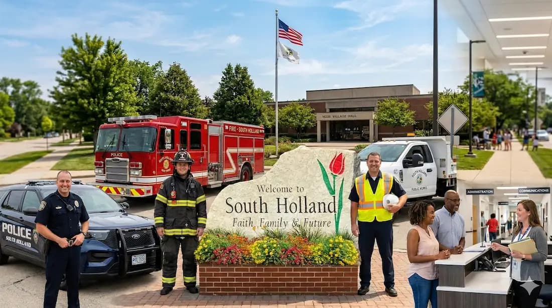 Police Department, Fire Department, Utlitiy department, with village hall in the background standing around a sign.