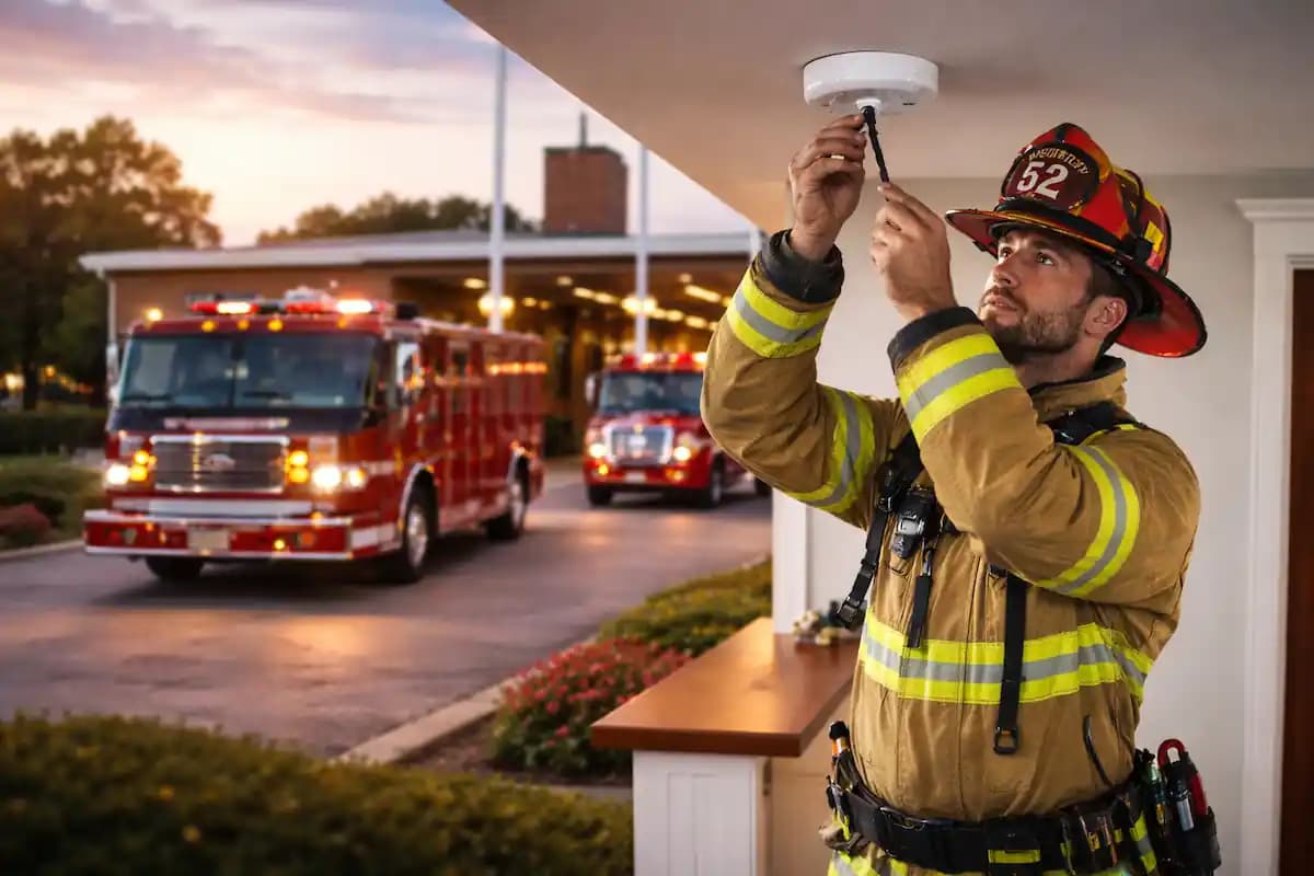 Fire fighter installing a smoke detector