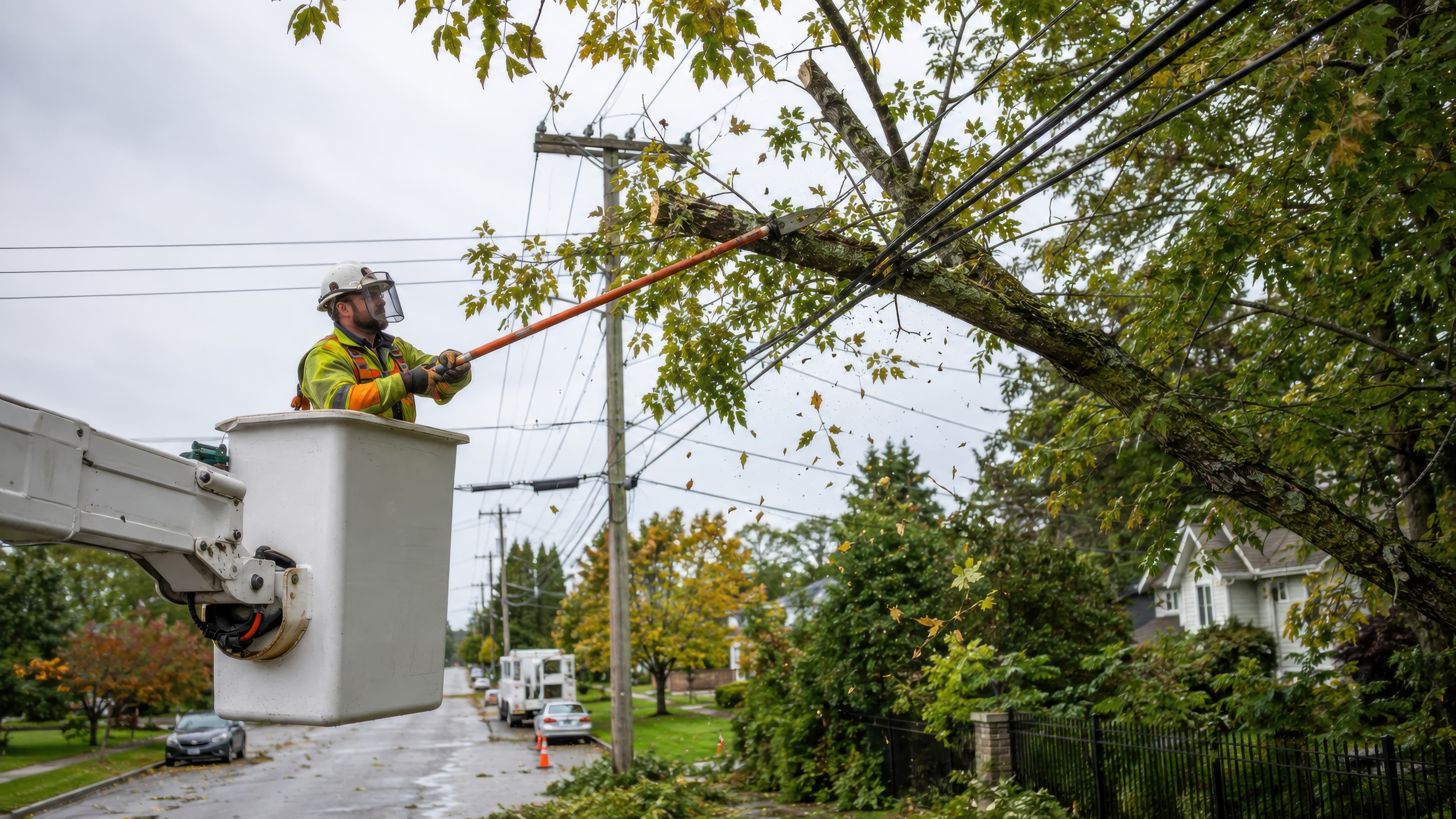 Professional arborist in safety gear uses a pole saw from a bucket truck to trim tree branches near electrical power lines on a suburban street for utility reliability and safety.