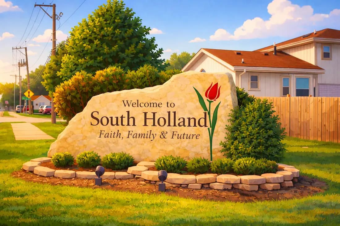 Welcome sign for the Village of South Holland surrounded by landscaping and neighborhood homes